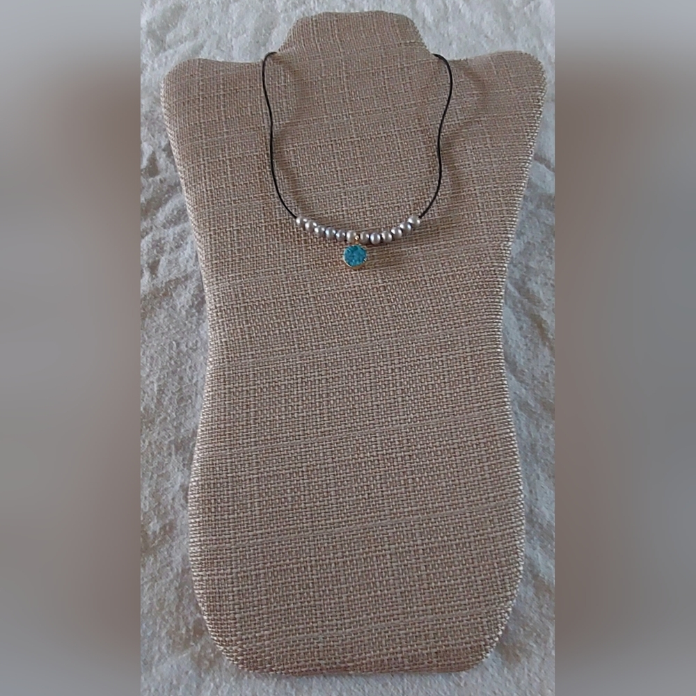 Handmade Silver Pearl, Lt. Blue Quartz & Black Leather Necklace